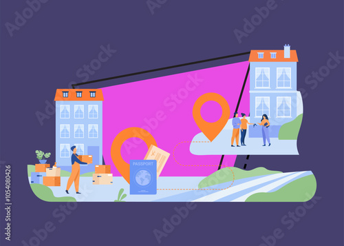 People moving to another country vector illustration. Man carrying boxes from one house to another, couple buying new apartment. Map pins with passport and tickets. Relocation, travel concept