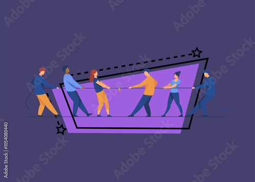 People pulling opposite ends of rope flat vector illustration. Tug of war contest between office workers. Competition challenge and confrontation concept