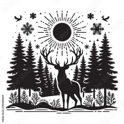 Silhouette of a deer in the forest. Winter Forest Wildlife silhouette vector on a white background