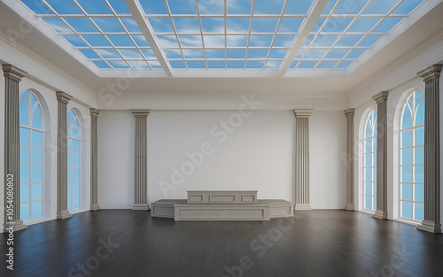 White columns and a platform in a grand hall with a skylight  perfect for elegant product displays and presentations   