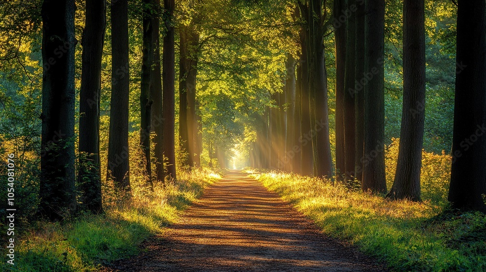 Fototapeta premium A pathway through a forest, lined with tall trees, with the morning sun shining through the leaves, creating dappled light