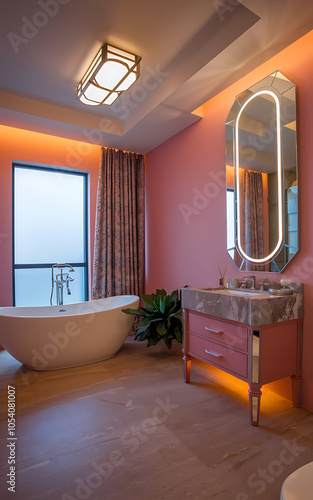Modern bathroom interior design with pink accents and a bathtub  perfect for a luxury home   