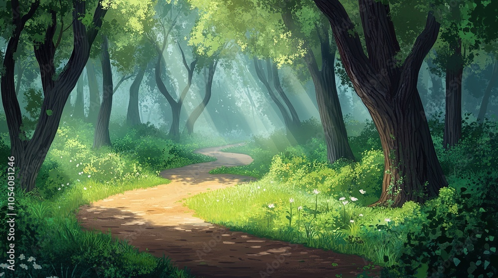 Obraz premium A peaceful background with a dense forest and a winding path leading into the woods