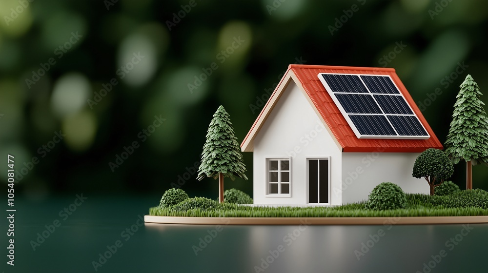 Miniature white house with red roof tiles and solar panels sits on green grass among trees, showcasing sustainable living. A blurred green background enhances the serene, natural setting. Miniature white house with red roof tiles and solar panels sits on green grass among trees, showcasing sustainable living. A blurred green background enhances the serene, natural setting.