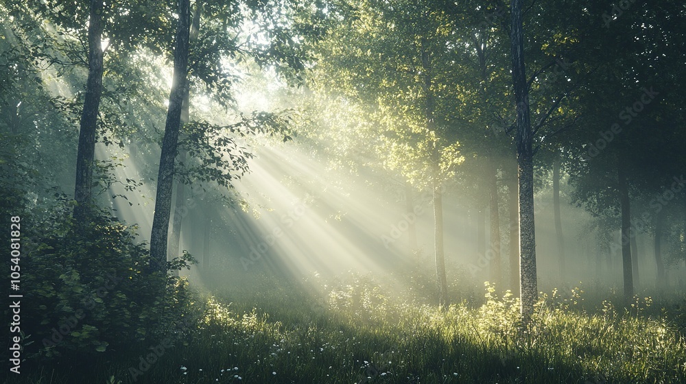 Obraz premium A peaceful forest scene with sunlight filtering through the mist, creating ethereal rays of light that dance through the trees