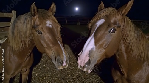 Moonlit Barn: The full moon casts shadows through the barn’s slats. Horses rest, their breath visible in the crisp night air. The farmstay awaits dreamers seeking solace.  photo