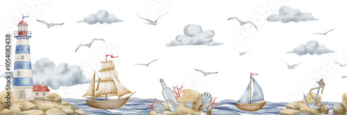 Seamless watercolor wallpaper with lighthouse and sailboats. Illustration with beacon and ships for nursery wall art. Landscape with light house, sailing boats and clouds for childish design.