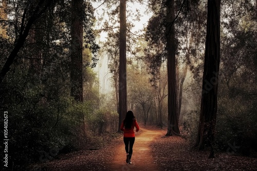 Mujer corriendo por un sendero en un bosque, con una expresión de determinación en su rostro. Los árboles altos la rodean, y la luz del sol se filtra, creando un ambiente.






 photo