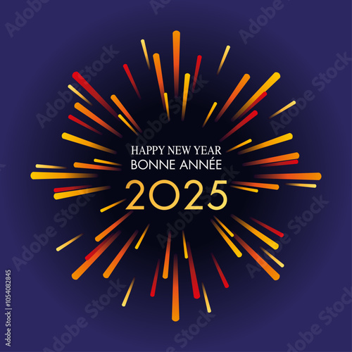 Carte de vœux 2025, dynamique et festive, avec un feu d’artifice aux couleurs chaudes sur un fond noir pour fêter la nouvelle année.
