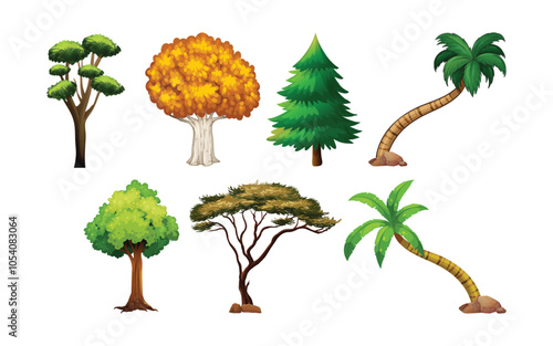 collection of different trees and plants. isolated on white background.