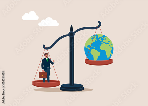 Comparative advantage. Entrepreneur leader outweighing the world. International investment growth or company success in world business competition. Flat vector illustration