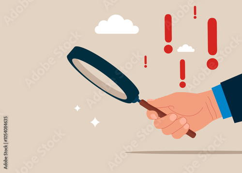 Businessman looking through magnifying glass with surprise. Story telling, speak out loud to draw attention and interest, fact important information or secret, caution and alert call concept.