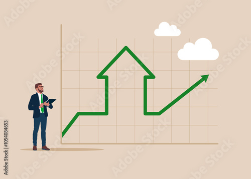 Rising home sales. Real estate investment, housing price rising. Decrease home loan interest rates on real estate, investments. Flat vector illustration