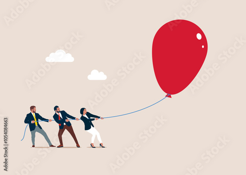 Tiny business people holding a red balloon. Challenging to find new paths or opportunities. Risk management control. Modern vector illustration in flat style
