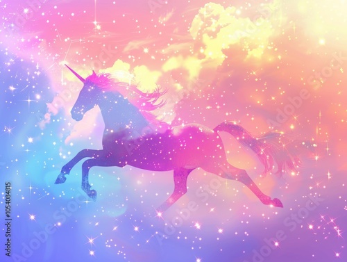 Unicorn is flying through the sky with a rainbow background. The image has a whimsical and magical feel to it, evoking a sense of wonder and fantasy