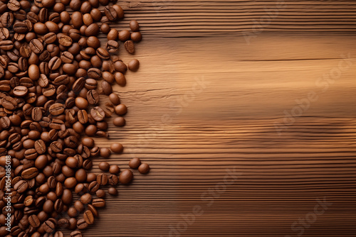 Fresh Coffee Beans Spread on Wooden Surface - Space for Text