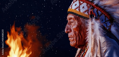 Native American elder in traditional dress, sitting by a campfire under a star-filled sky, sharing stories with younger tribe members photo