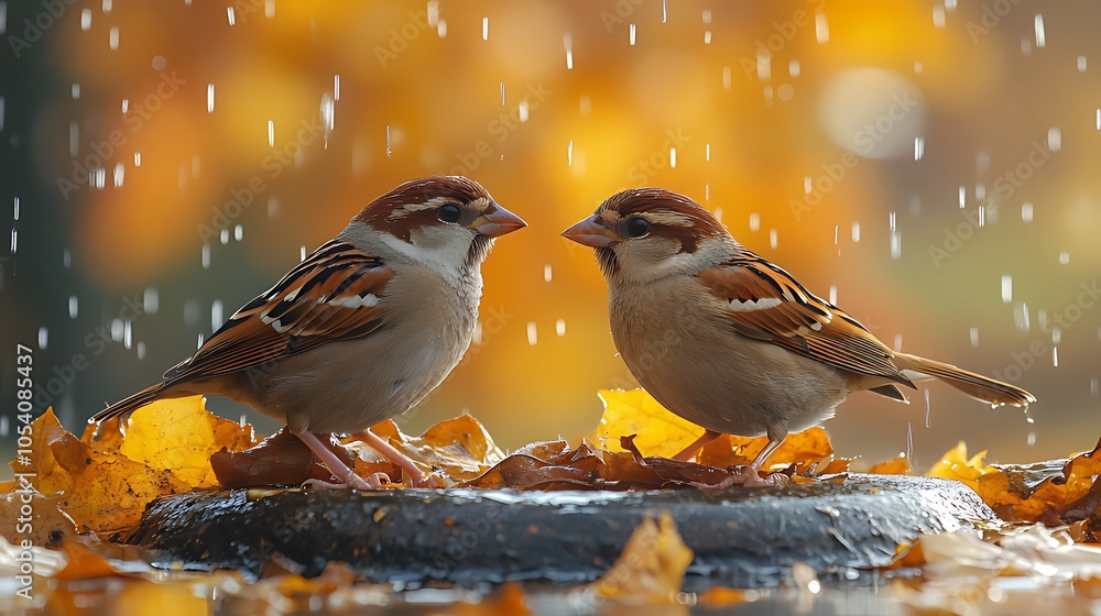 Two sparrows perched on a rock in the rain with yellow leaves around them. Two sparrows perched on a rock in the rain with yellow leaves around them.