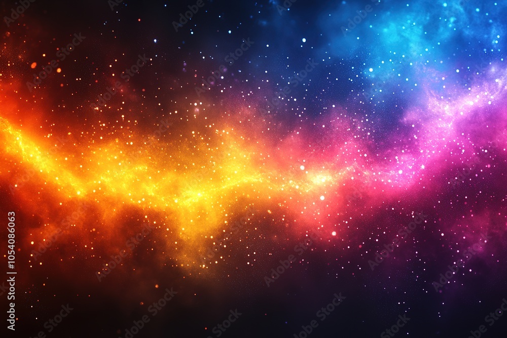 Fototapeta premium A cosmic nebula with vibrant orange, blue, and pink hues against a dark starry background.