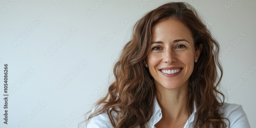 Naklejka premium Woman with long brown hair is smiling and wearing a white shirt. She is posing for a photo