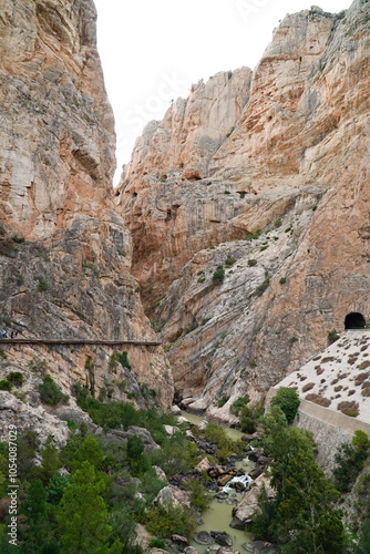 Vertical rock faces on the Kings Walkway or El Caminito del Rey in the province of Malaga, Andalusia, southern Spain. photo