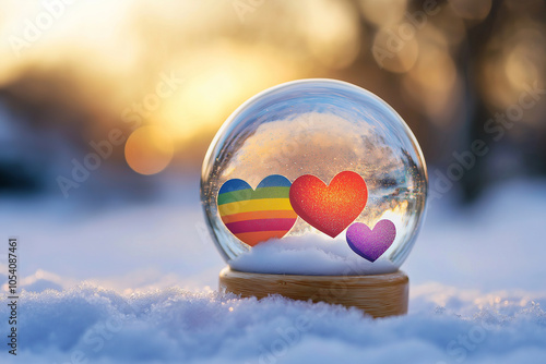 Snow globe with rainbow hearts. LGBT flag, love symbol. Saint Valentine's Day gift. Glass snowglobe filled with lgbt hearts. Snow dome, pride, wedding, decoration, romantic relationship, souvenir photo