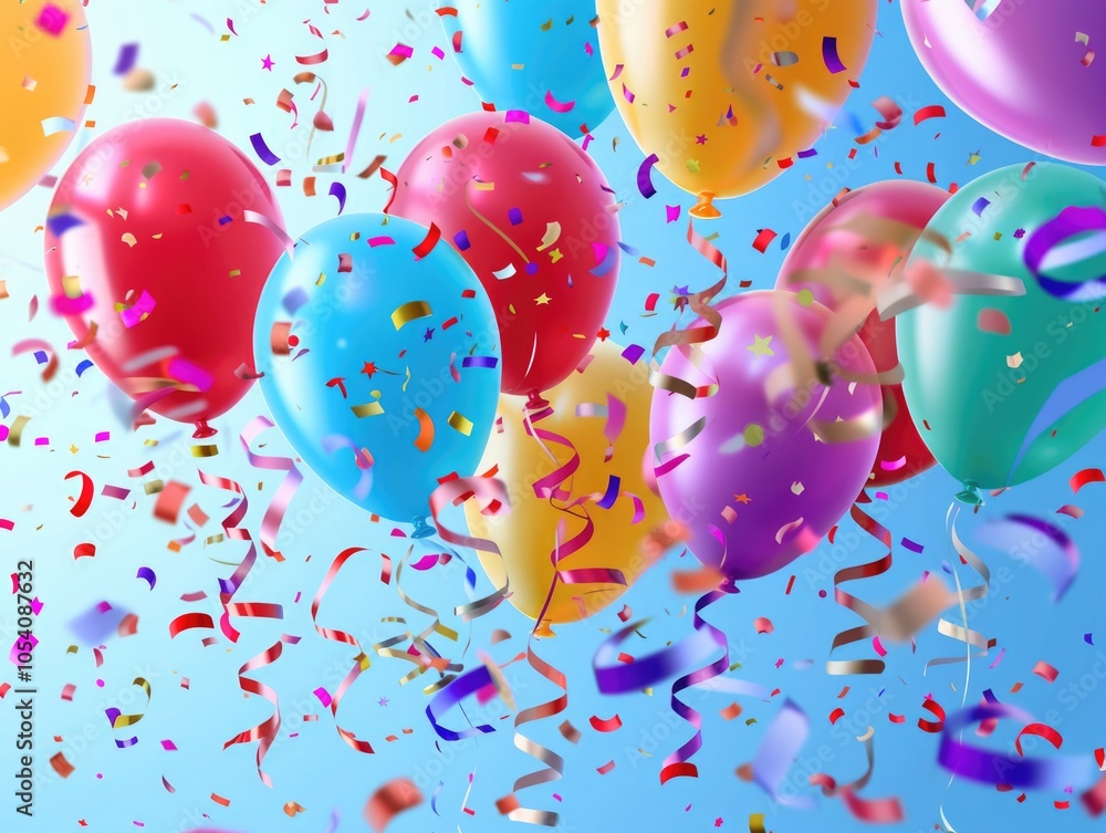 Bunch of colorful balloons with confetti falling around them. The ...