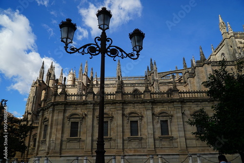 Seville cathedral from the street Calle Fray Ceferino Gonzales. Sevilla, Andalusia, Spain, Europe.
