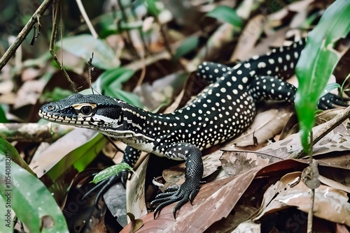 Spotted lizard on forest floor, camouflaged among brown leaves and greenery. photo