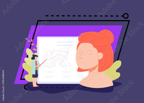 Woman preparing for nose operation vector illustration. Surgeon explaining face anatomy to female patient before plastic surgery. Health care, beauty correction concept