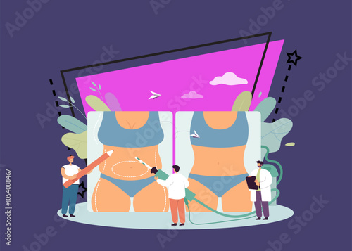 Woman body before and after plastic surgery vector illustration. Doctors or surgeons with pencil and syringe marking body parts to be altered. Health care, beauty correction concept