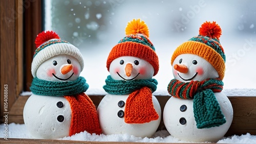 Wallpaper Mural Cheerful snowmen with bright scarves and hats, surrounded by snow. A playful and whimsical addition to any winter-themed interior or holiday celebration. Torontodigital.ca