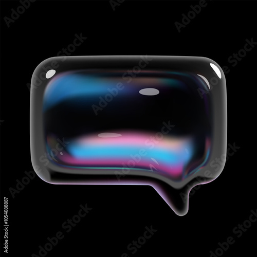 3d holographic glass speech bubble icon with glossy reflective surface. Neon gradient balloon shape with dispersion light in Y2K design. Isolated vector element for chat, message, talk, text box