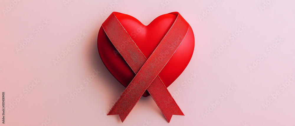 Red heart symbol with ribbons on a soft pink background, representing love, health awareness, and solidarity for important causes.