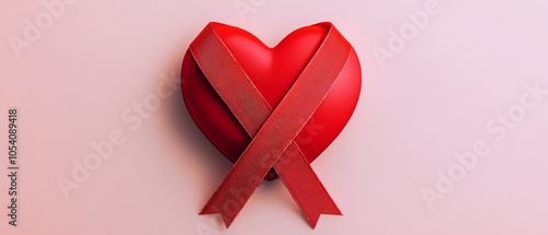 Obraz na płótnie Red heart symbol with ribbons on a soft pink background, representing love, health awareness, and solidarity for important causes. w salonie