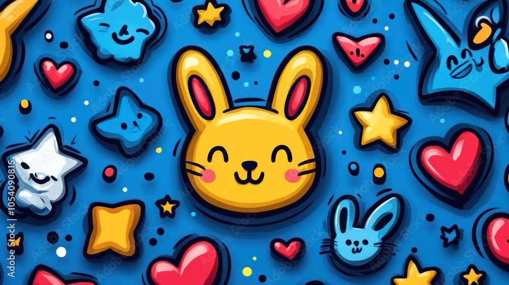 Cartoon Bunny with Stars, Hearts, and Clouds on a Blue Background Cartoon Bunny with Stars, Hearts, and Clouds on a Blue Background