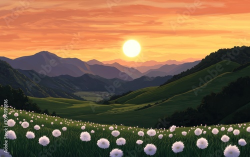 Rolling green hills under a golden sunset, wildflowers dotting the landscape photo