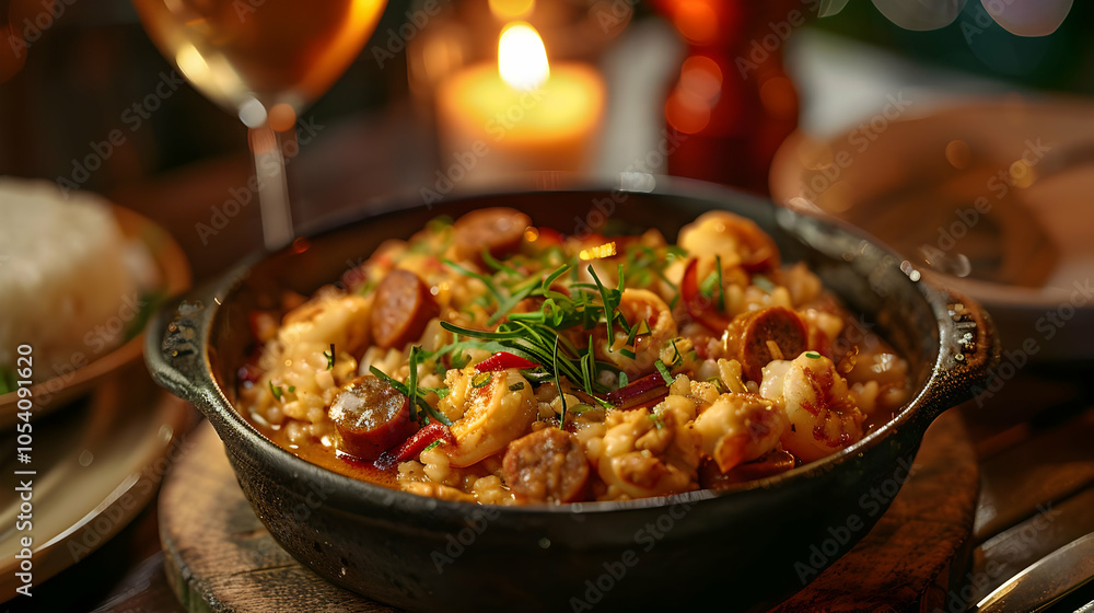 A close-up of a delicious shrimp and sausage dish served in a black cast iron skillet. A close-up of a delicious shrimp and sausage dish served in a black cast iron skillet.