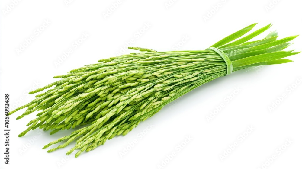 Single rice ear with vibrant green leaves, isolated on a simple white background, highlighting the grain texture and vivid color contrast Single rice ear with vibrant green leaves, isolated on a simple white background, highlighting the grain texture and vivid color contrast