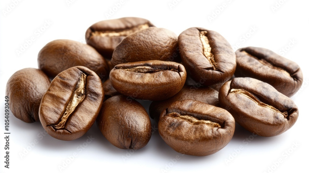 Small cluster of roasted coffee beans isolated on white, showing detailed textures and deep, earthy brown tones for a natural feel Small cluster of roasted coffee beans isolated on white, showing detailed textures and deep, earthy brown tones for a natural feel
