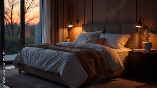 A bedroom with a large bed and a window