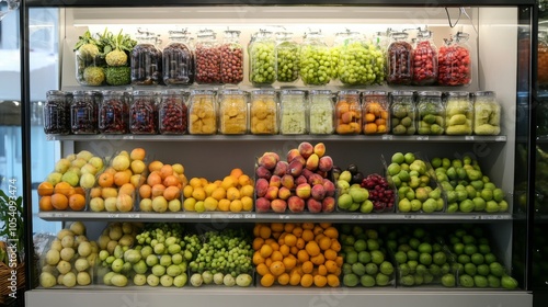 Display of fresh fruits and vegetables at a gourmet market. Colorful and appetizing produce selection. photo