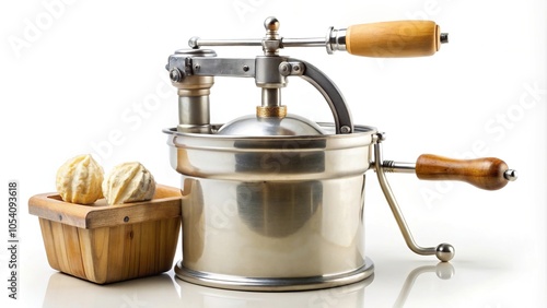 Vintage hand crank ice cream maker on white background photo