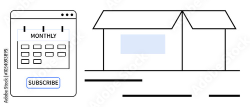 Calendar marked with Monthly, subscribe button beneath, alongside a delivery box. Ideal for e-commerce, online shopping, subscription services, delivery, retail, monthly plans, or promotions. Banner