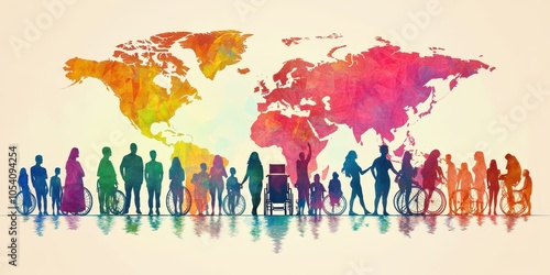 International Day of Persons with Disabilities illustration featuring diverse silhouettes and wheelchair inclusion, promoting unity.
