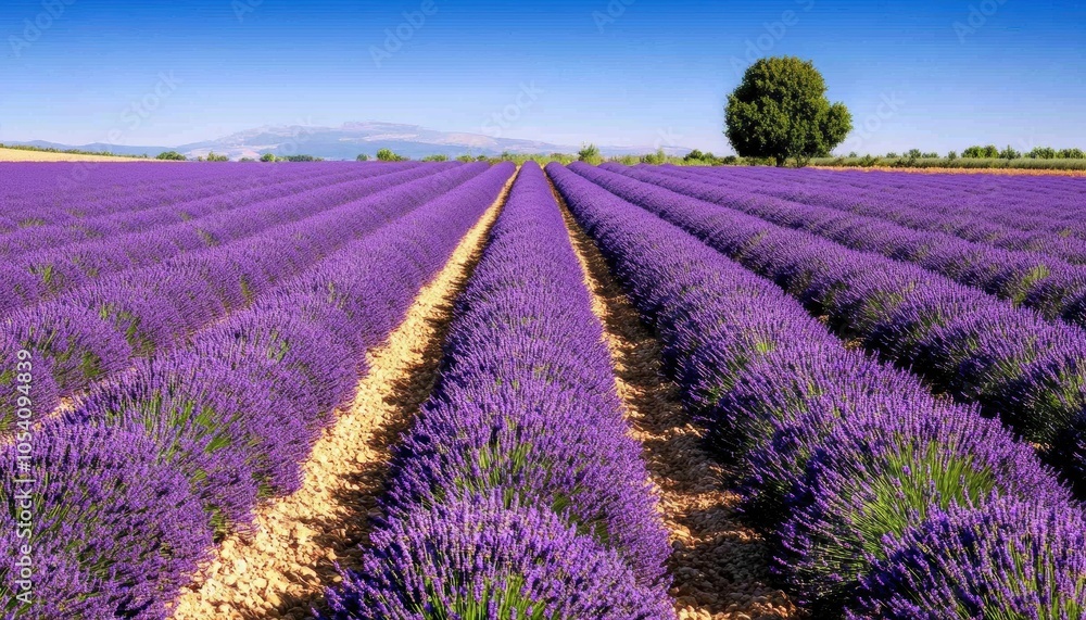 Obraz premium Sunlit field of lavender in full bloom, stretching toward the horizon under a clear blue sky