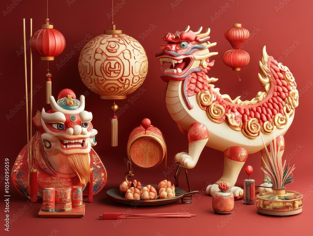 Fototapeta premium 3D Chinese New Year elements icon set rendered with a clipping path, emphasizing traditional symbols and festive visuals.
