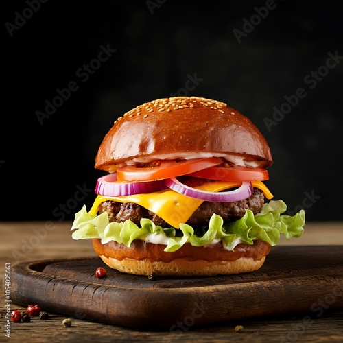 Testy and Juicy Cheeseburger on Wooden Table