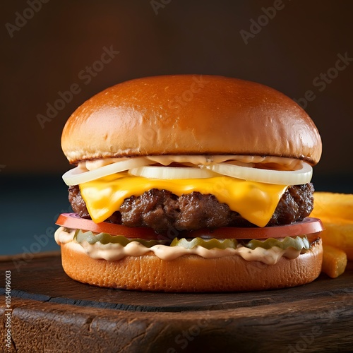 Testy and Juicy Cheeseburger on Wooden Table