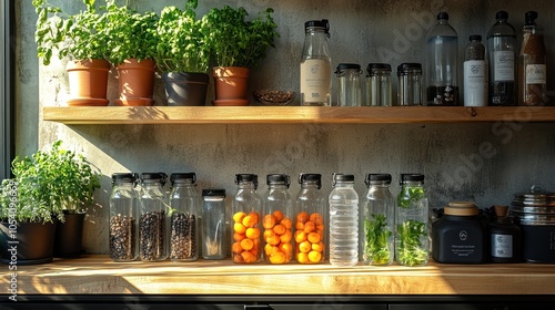 Wallpaper Mural Bright kitchen shelf with jars of ingredients and plants. Torontodigital.ca